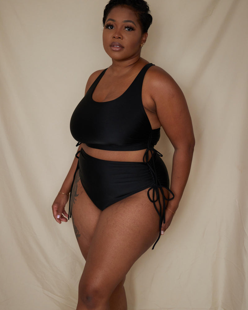 AVA RUCHED HIGH-WAISTED BIKINI BOTTOMS - MIDNIGHT (BLACK)