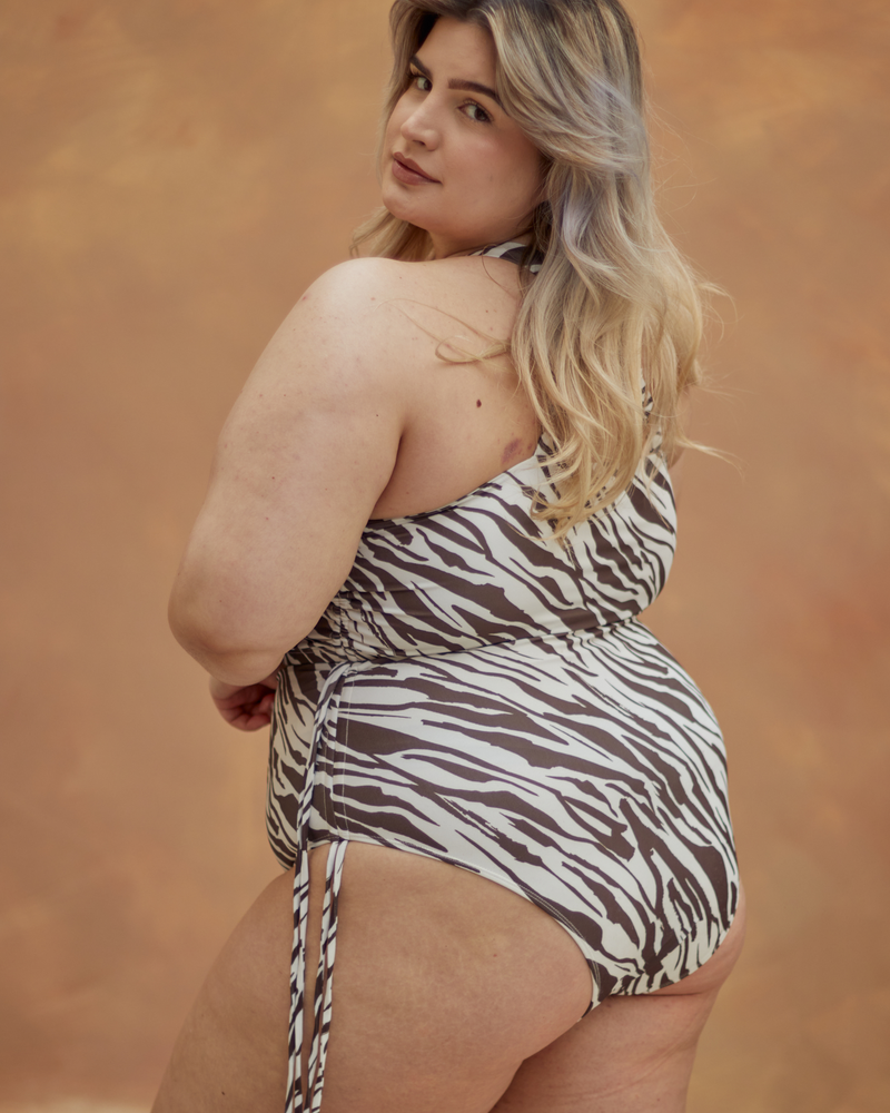 AVA RUCHED HIGH-WAISTED BIKINI BOTTOMS - ESPRESSO ZEBRA PRINT